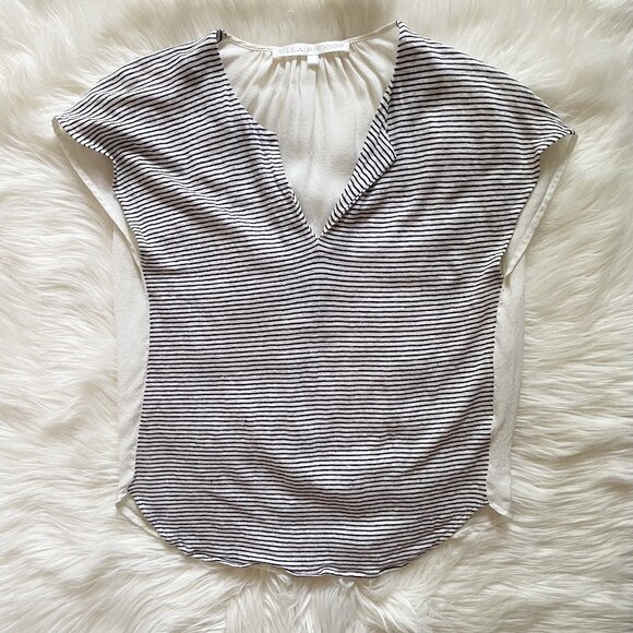 Ulla Johnson White Black Gray Stripe Sheer V-Neck Short Sleeve Blouse - Picture 1 of 5